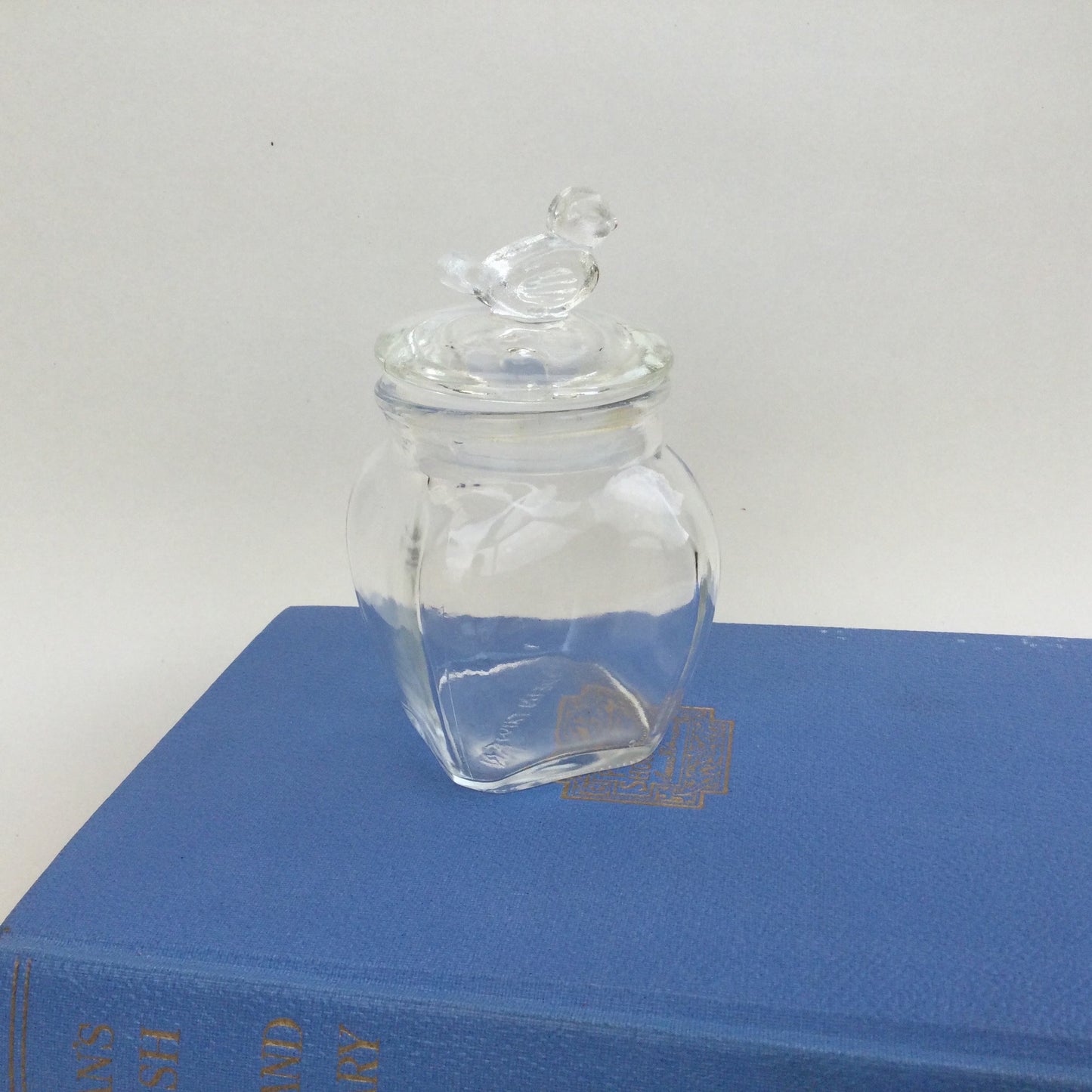 Glass jar with tiny bird on the lid - cute small seventies storage jar, dresser accessory, make up, container