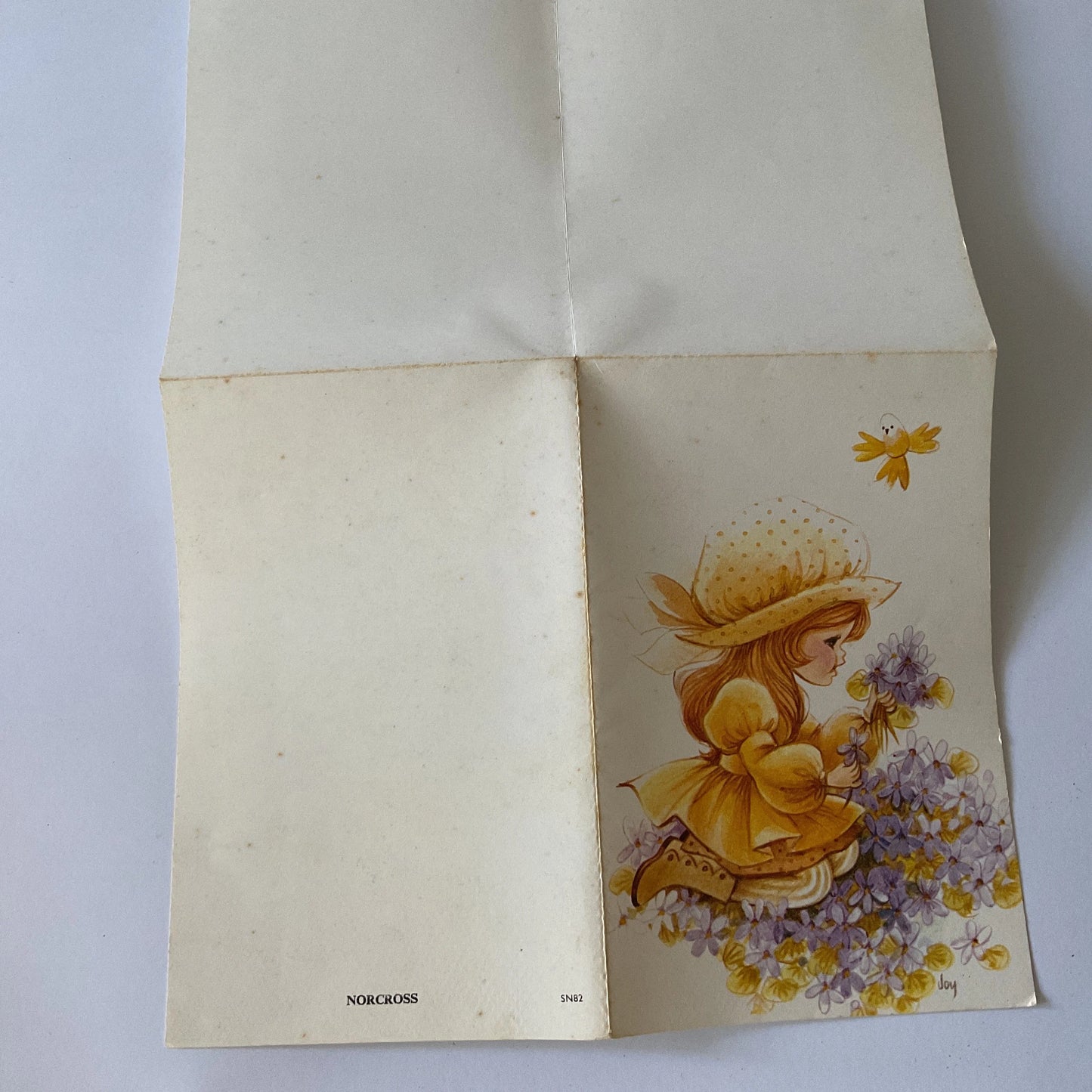 Vintage little girl in purple flowers greeting card, unused folded notelet card, no envelope