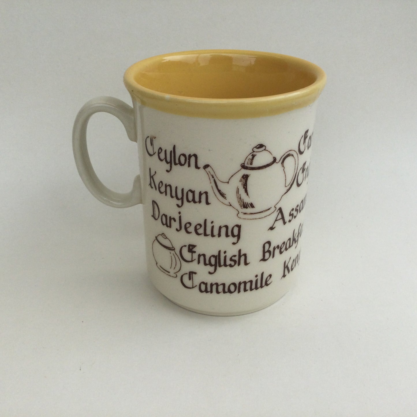 Tea lover ceramic mug in brown, yellow and white, 1970's classic vintage tea cup, great gift