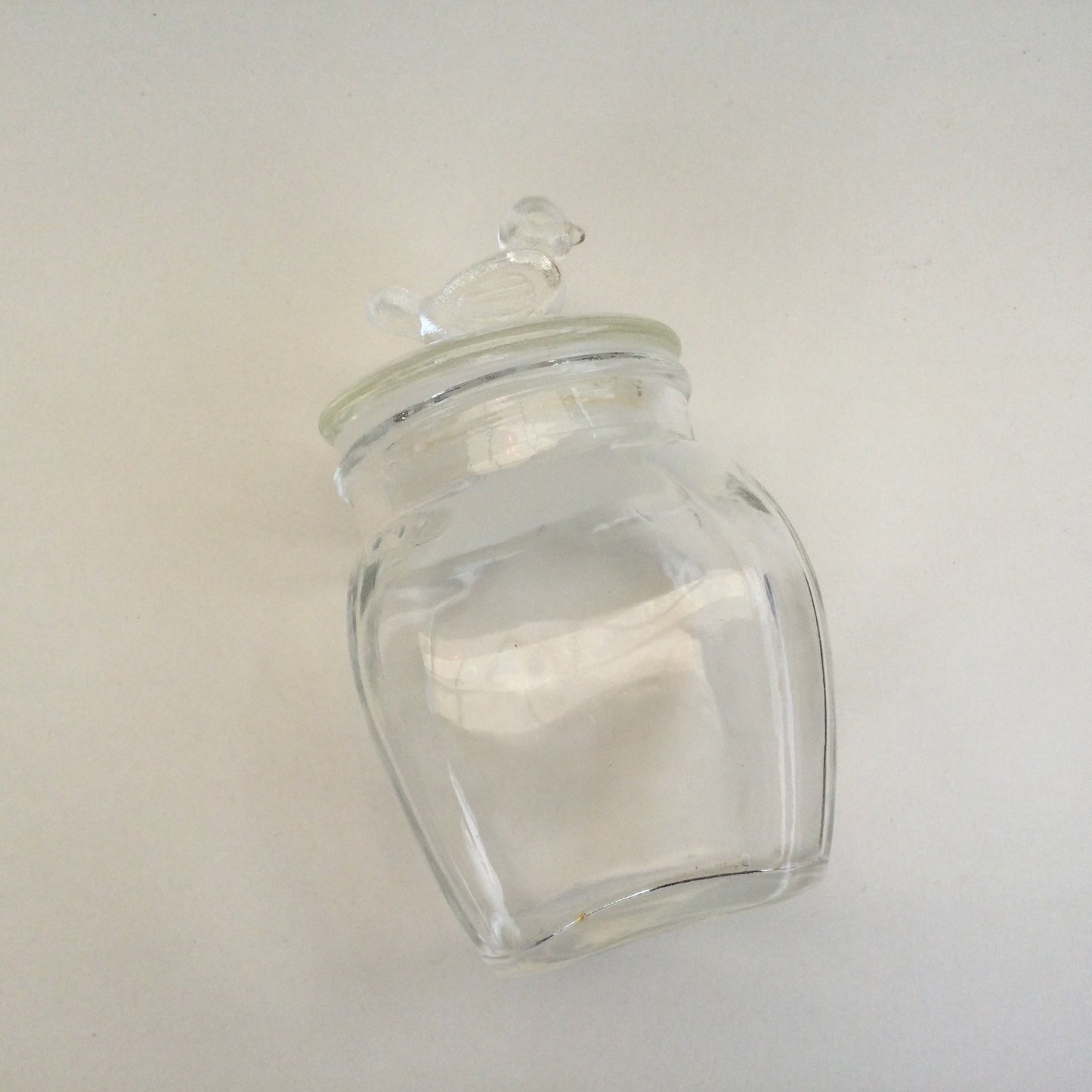 Glass jar with tiny bird on the lid - cute small seventies storage jar, dresser accessory, make up, container