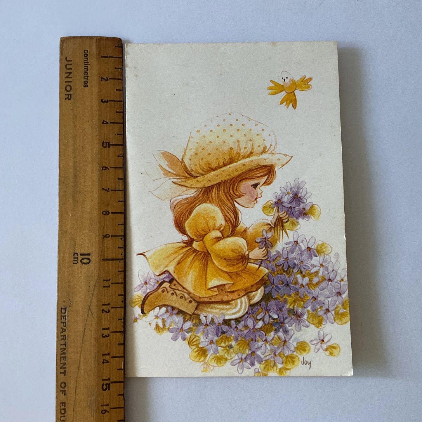 Vintage little girl in purple flowers greeting card, unused folded notelet card, no envelope