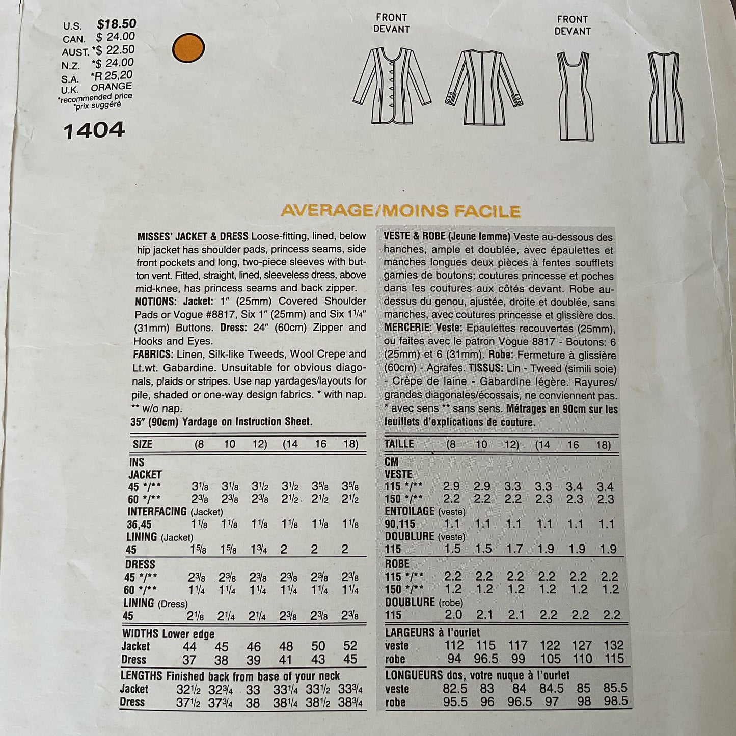 Vintage 90s Vogue American Designer 1404 - Oscar de la Renta - Misses’ long jacket and dress complete original sewing pattern