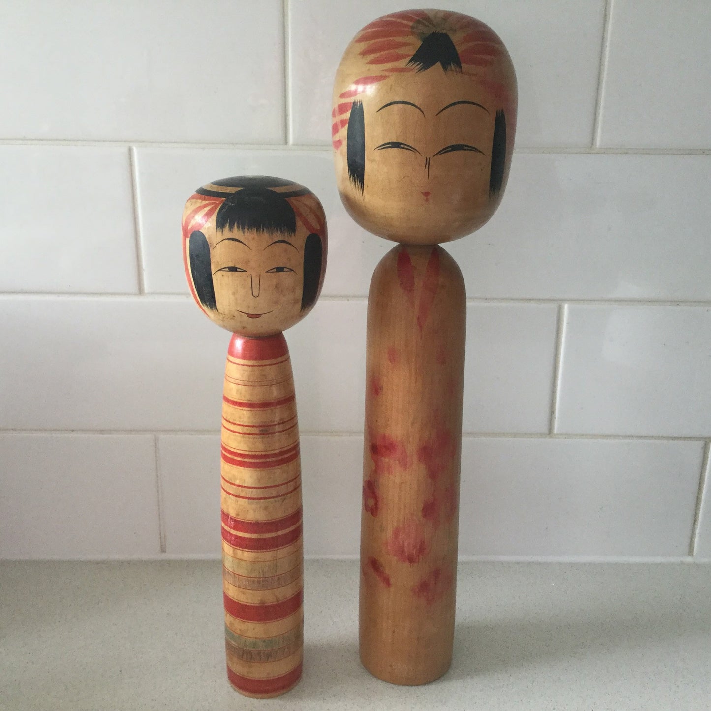 Two large Japanese Kokeshi dolls - traditional designs, signed on bottom, Japan, home decor, Togatta style