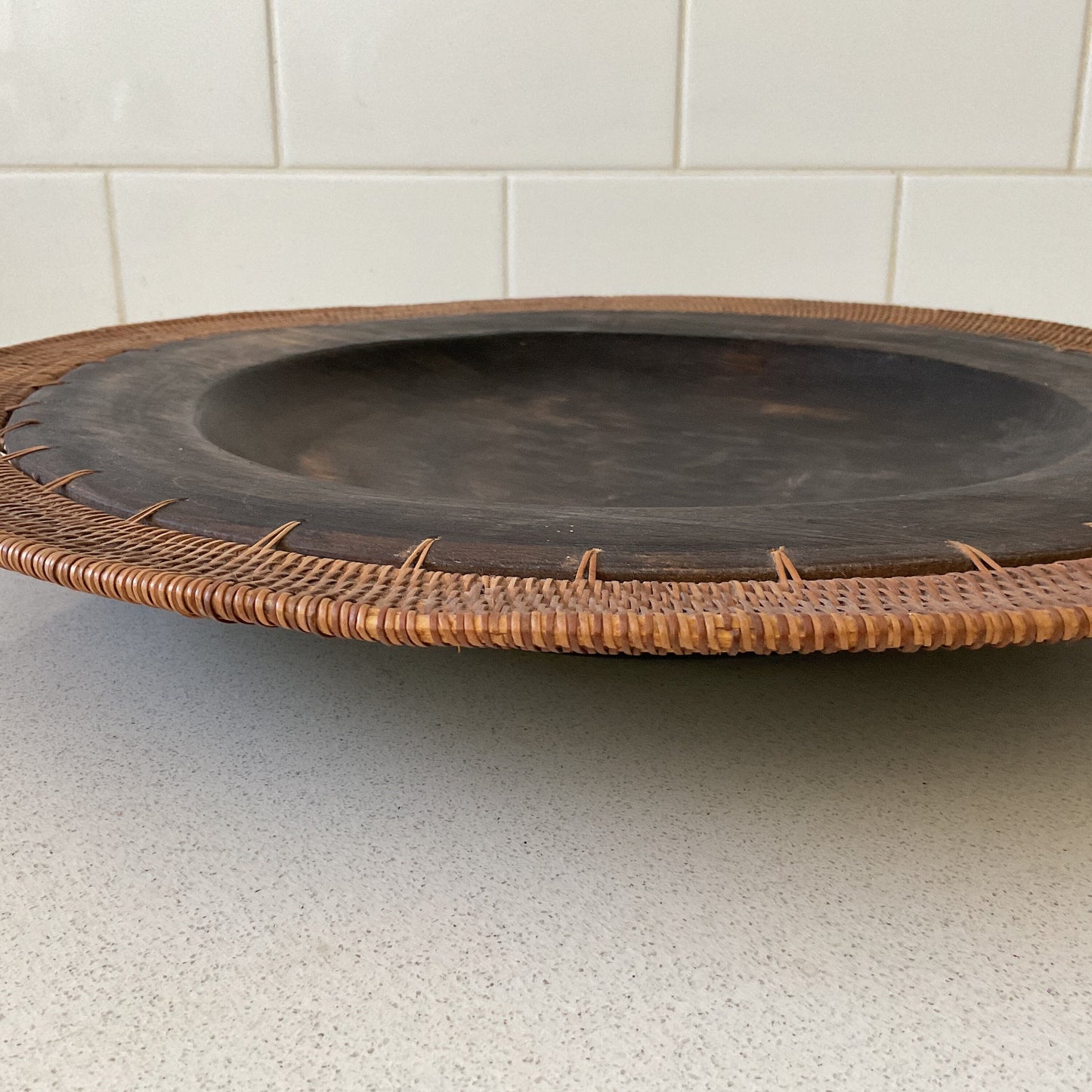 Very large carved wood plate with rattan woven edge - unique decor, coffee table hold all, rustic or tropical style