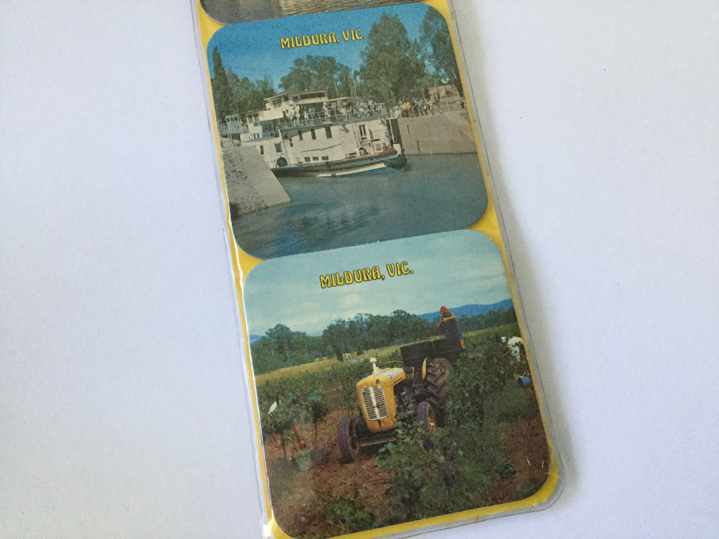 1960s decorative drink coasters - Mildura, Victoria - Travel, country Australia, table decoration, still in packet