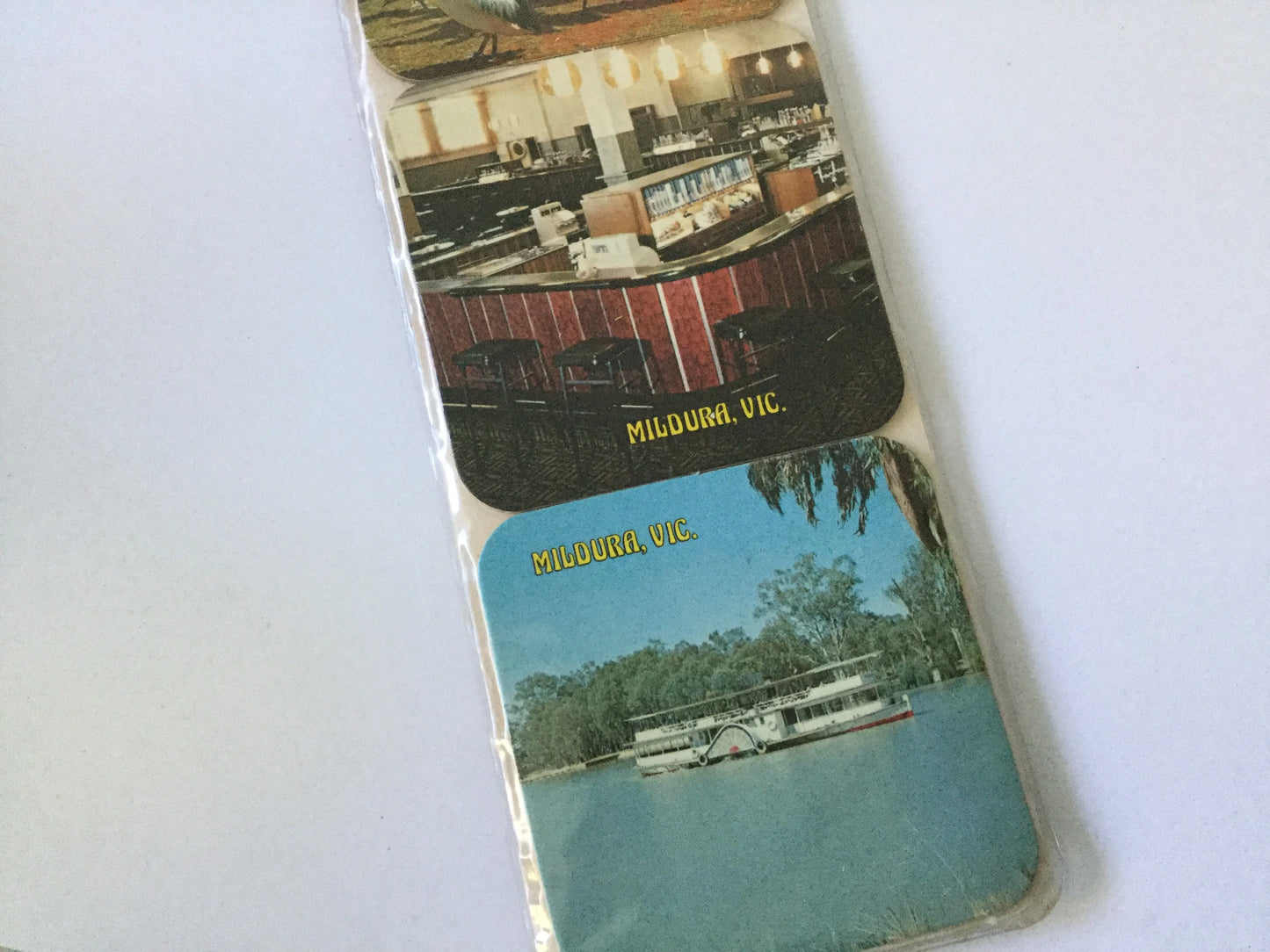 1960s decorative drink coasters - Mildura, Victoria - Travel, country Australia, table decoration, still in packet