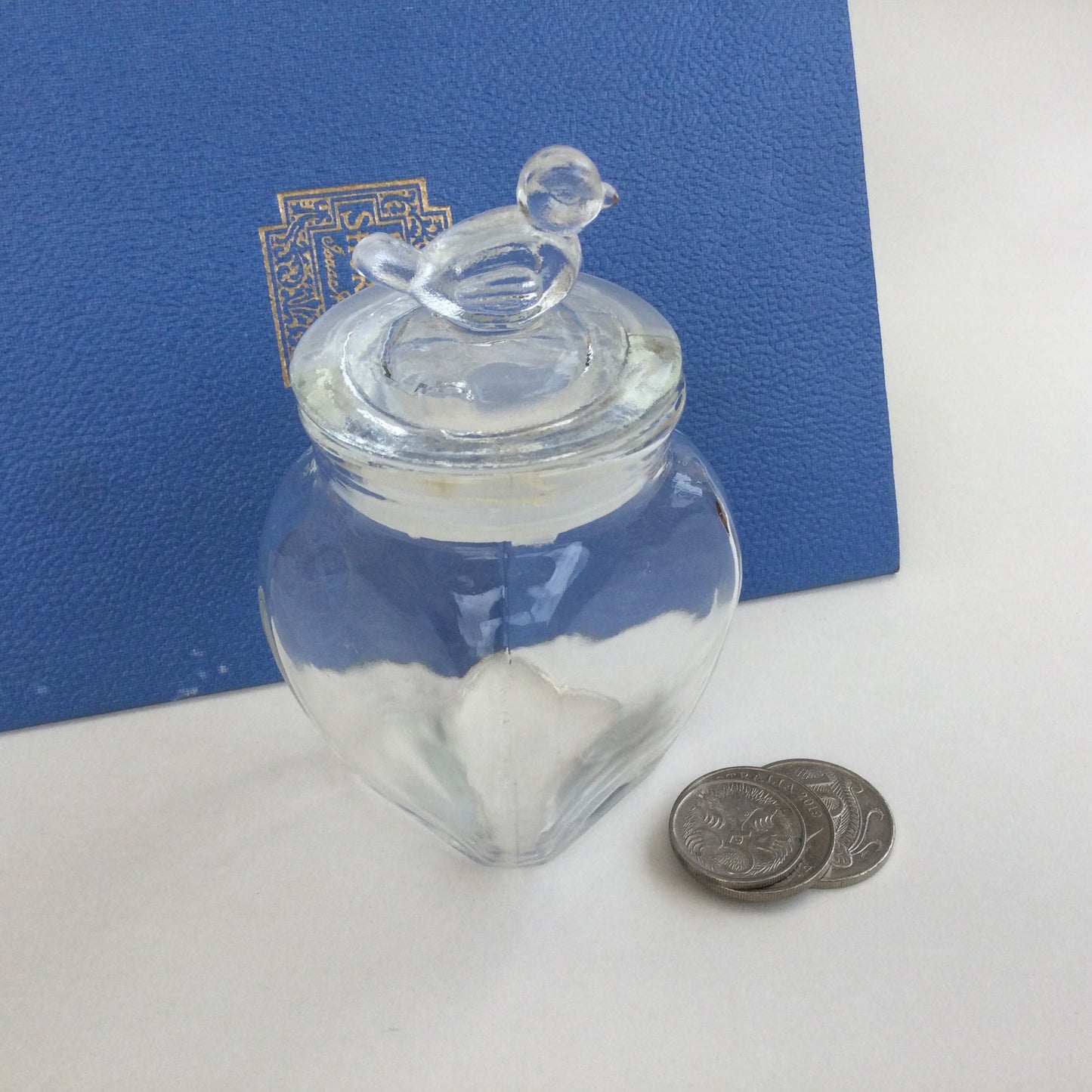 Glass jar with tiny bird on the lid - cute small seventies storage jar, dresser accessory, make up, container