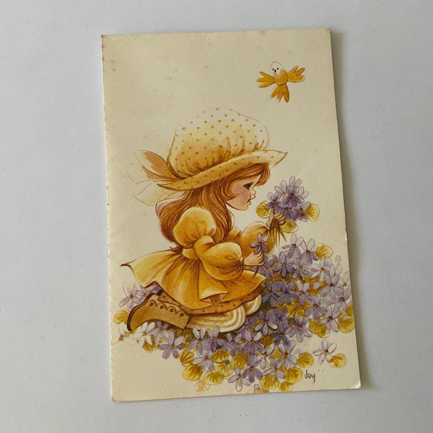 Vintage little girl in purple flowers greeting card, unused folded notelet card, no envelope
