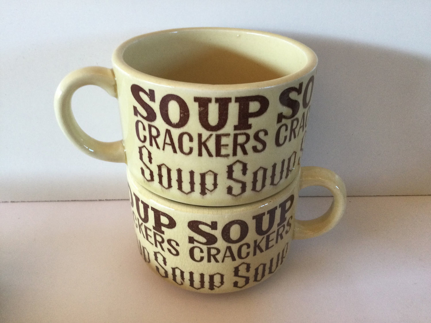 2 Large stoneware soup and crackers mugs in cream and brown, 1970's classic style