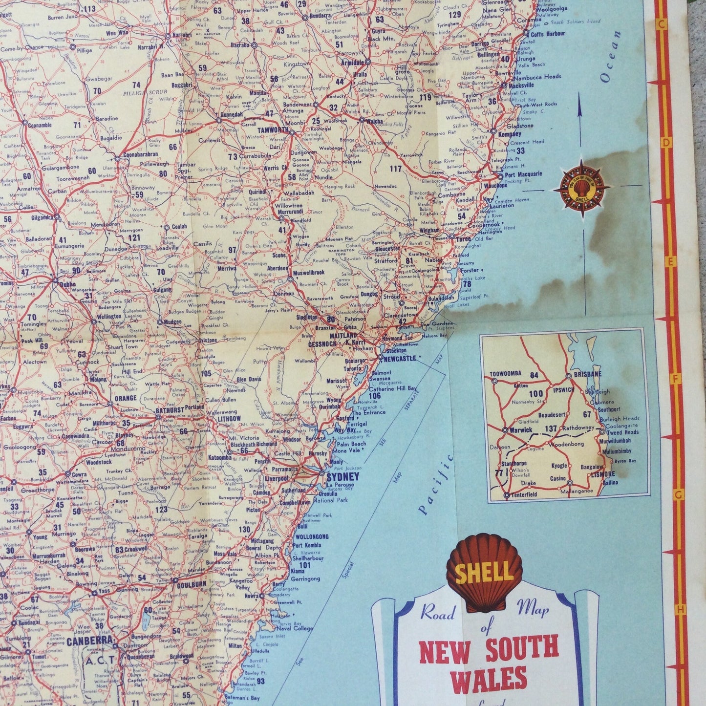 1960's vintage Shell New South Wales road map - cities and towns, tourist drives, mid century advertising