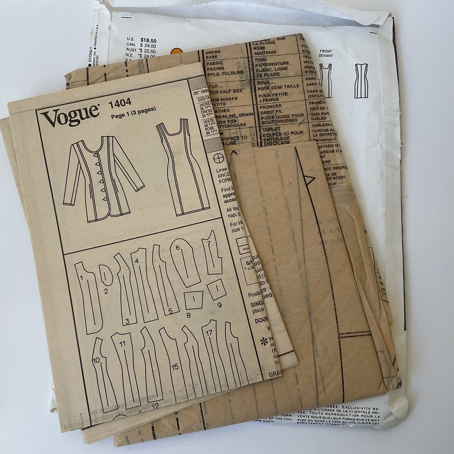 Vintage 90s Vogue American Designer 1404 - Oscar de la Renta - Misses’ long jacket and dress complete original sewing pattern