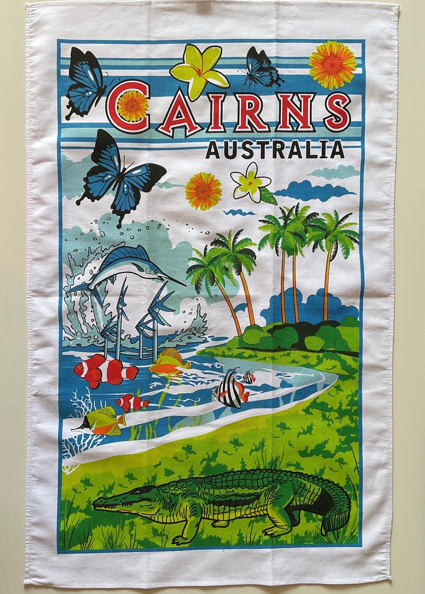 Vintage tea towel Cairns Australia, cotton, travel souvenir, Far North QLD dish cloth, vintage kitchen or repurpose