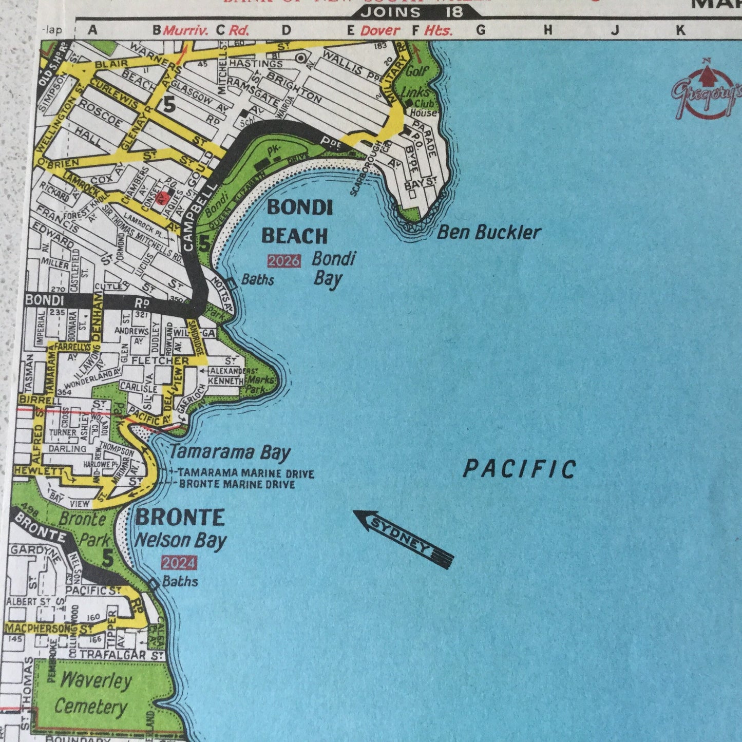 1971 Sydney street directory map page - 20 and 21 - Bondi Beach, Bronte, Clovelly, Kingsford, Maroubra, Matraville, Malabar - Gregory's