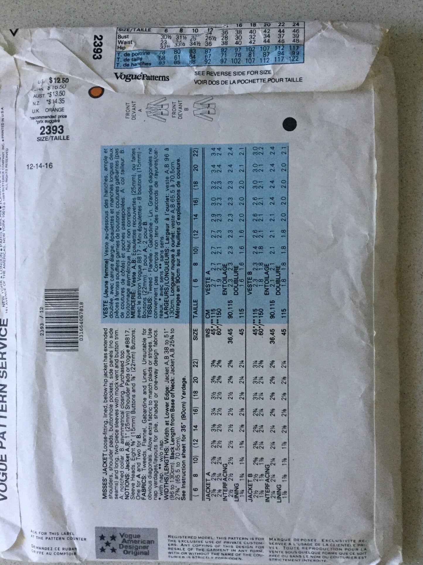 Vintage 80s Vogue American Designer 2393 - Bill Blass - Misses’ Jacket Uncut and complete original sewing pattern