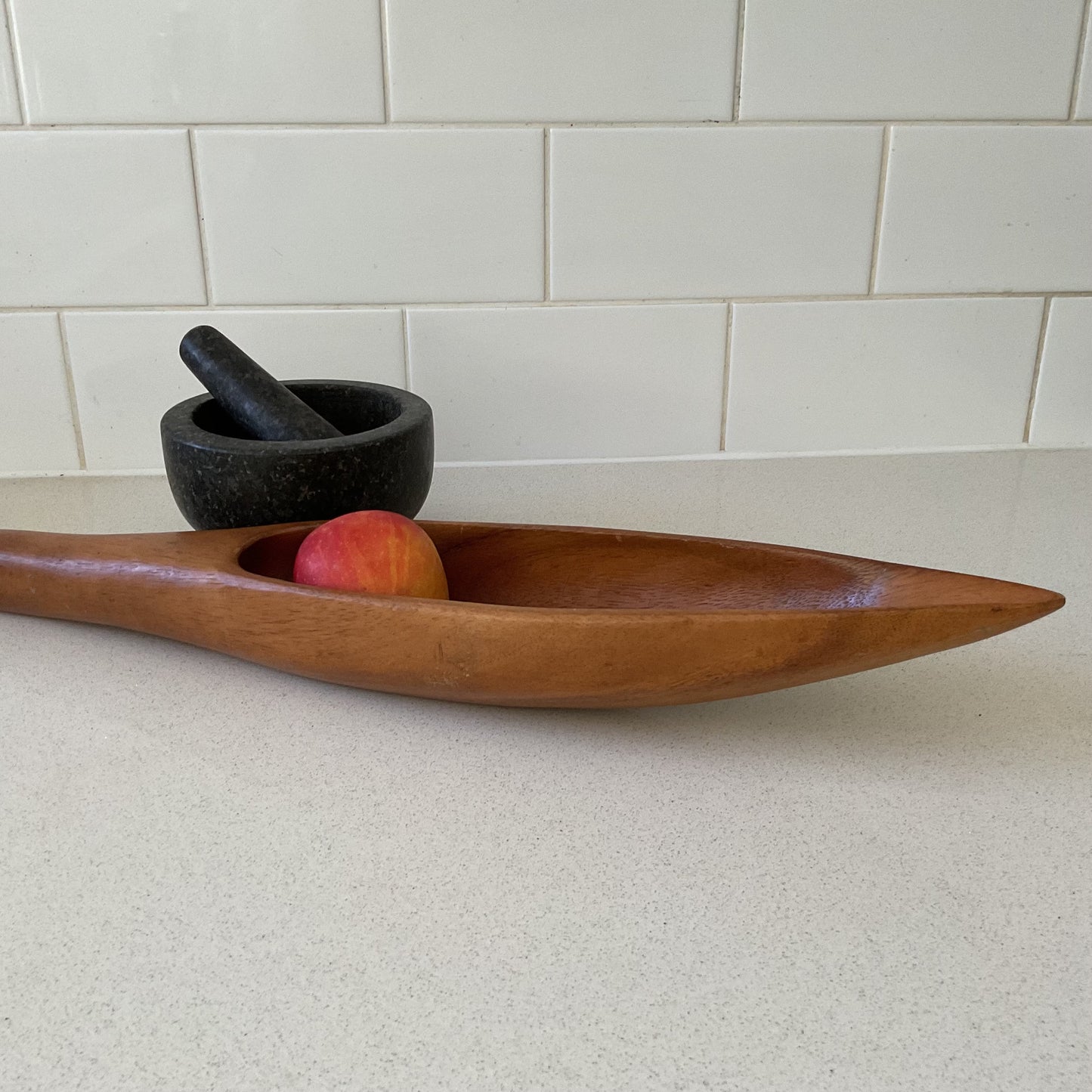 Long carved wooden bowl, narrow boat design made from monkey pod wood - unique decor, coffee table hold all, rustic or tropical style