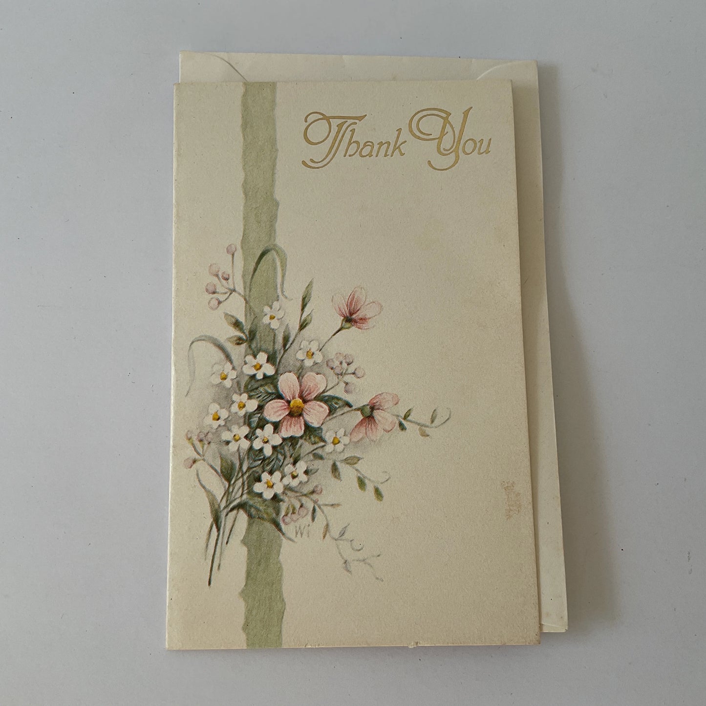 Vintage thank you card - original unused 1970's small greeting card with flower bouquet, envelope