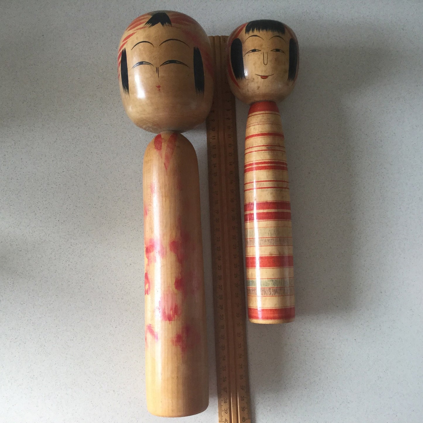 Two large Japanese Kokeshi dolls - traditional designs, signed on bottom, Japan, home decor, Togatta style