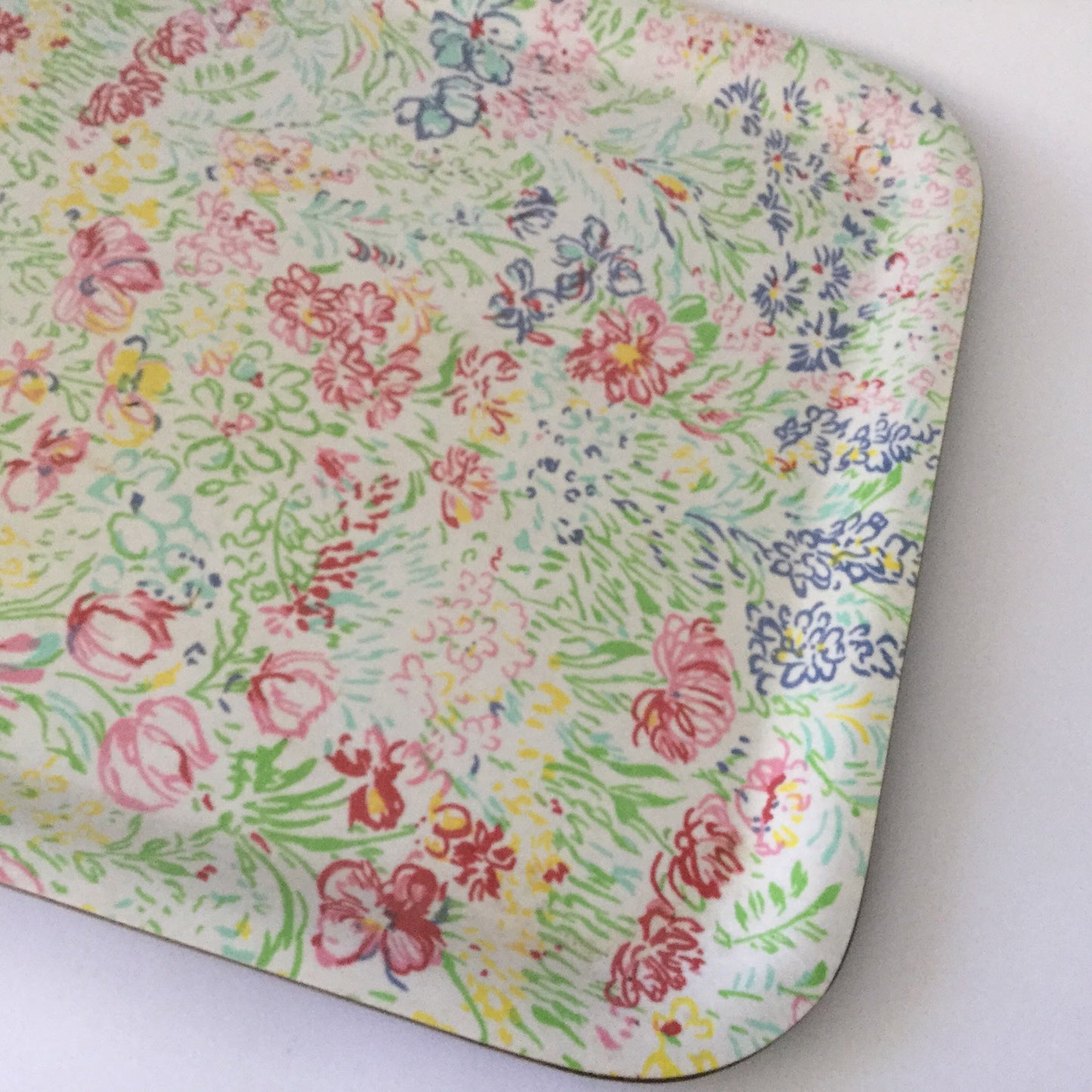 Floral design serving tray with squiggly colourful flowers in Ken Done style - eighties solid plastic tray