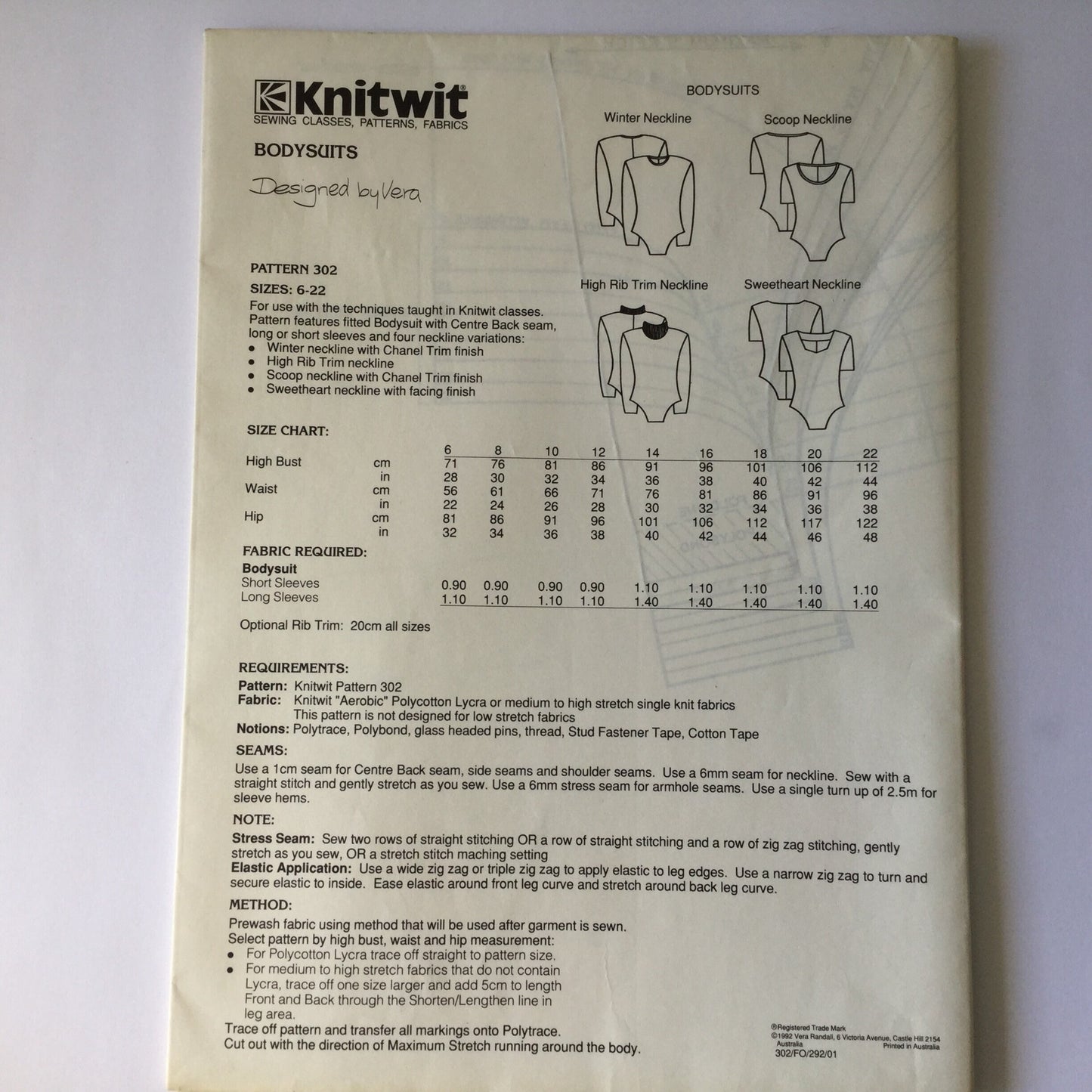 Vintage 80s Knitwit Sewing Pattern 302 Bodysuits - Uncut and complete Sizes 6 - 22 - make it yourself, eighties style