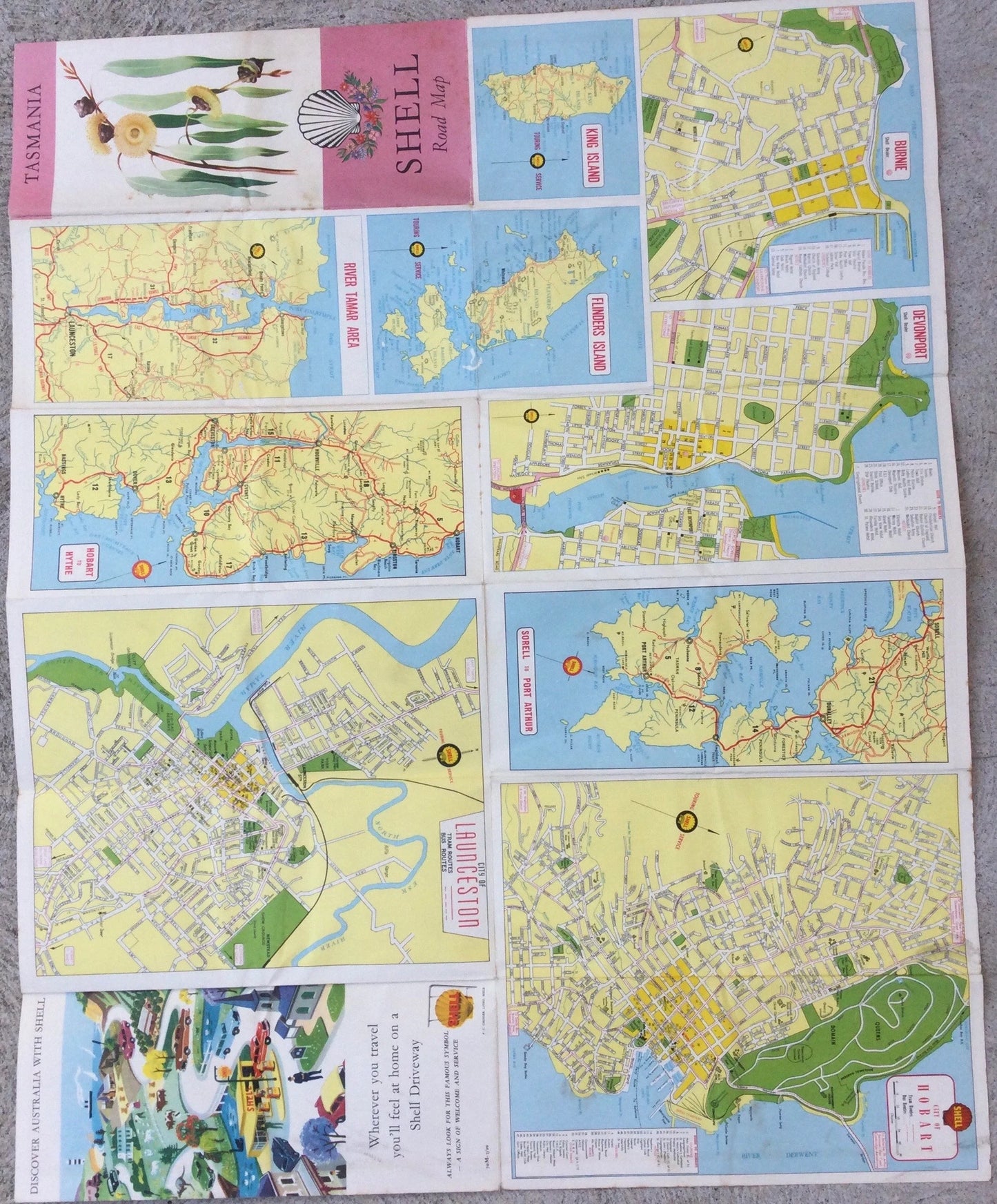1960's vintage Shell Tasmania Road Guide map - cities and towns,Hobart, tourist drives, mid century advertising