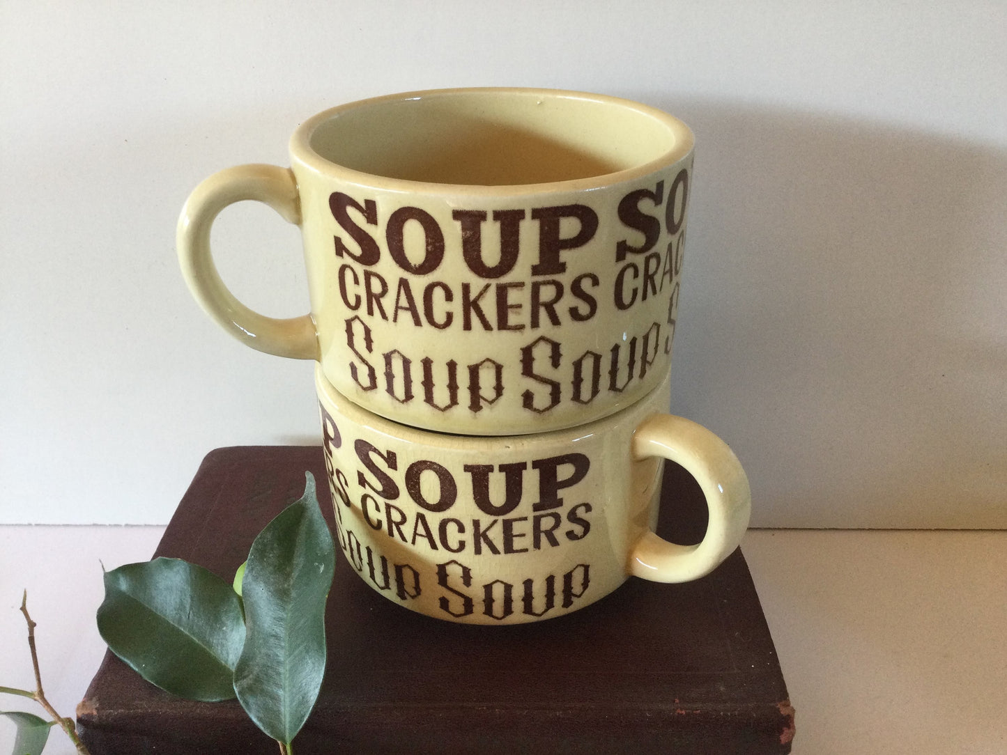 2 Large stoneware soup and crackers mugs in cream and brown, 1970's classic style