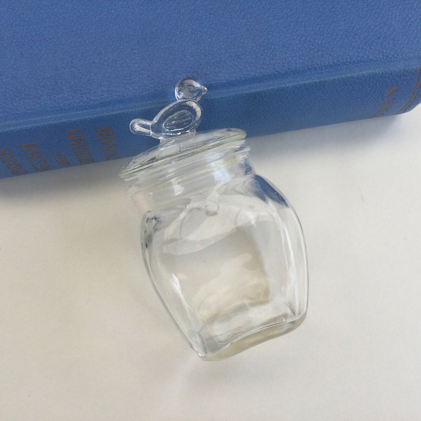 Glass jar with tiny bird on the lid - cute small seventies storage jar, dresser accessory, make up, container