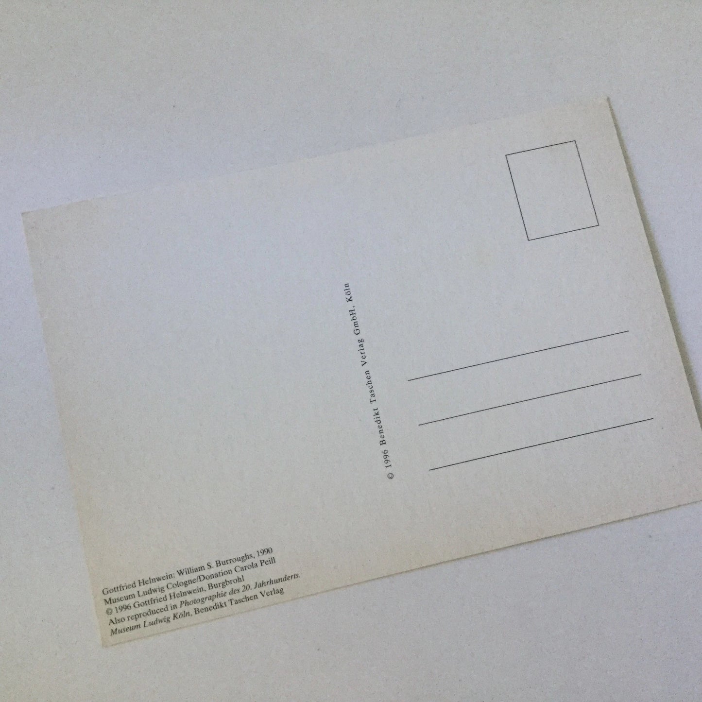 Postcard - William Burroughs, 1990 - black and white photo reproduction - art, photography, writer