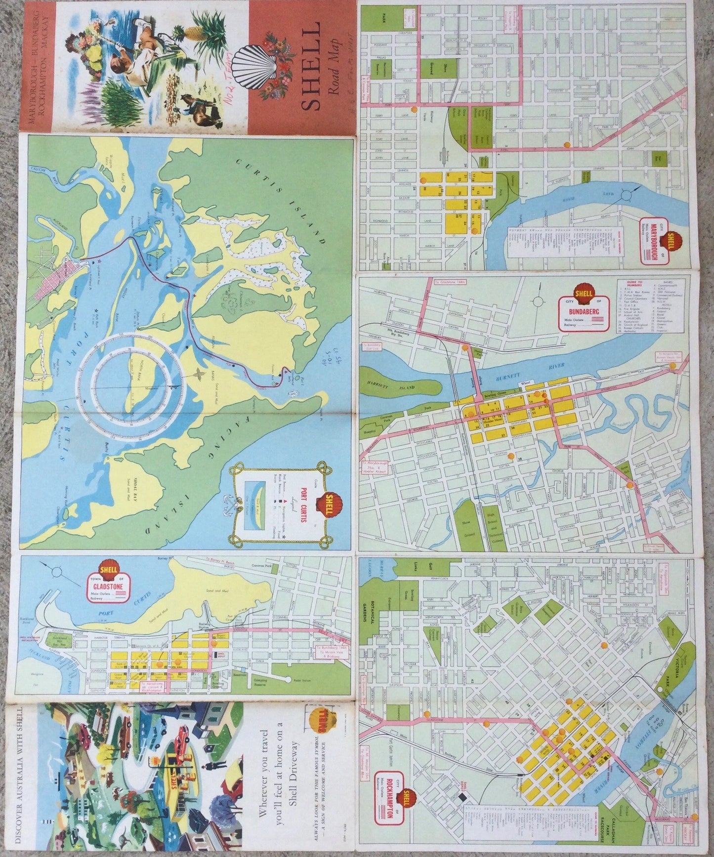 1960's vintage Shell road map - Maryborough, Bundaberg, Rockhampton, Mackay - Queensland country FNQ