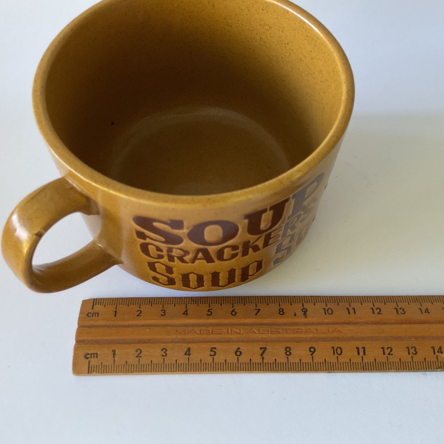 Large stoneware soup and crackers mug in brown and tan, 1970's classic style