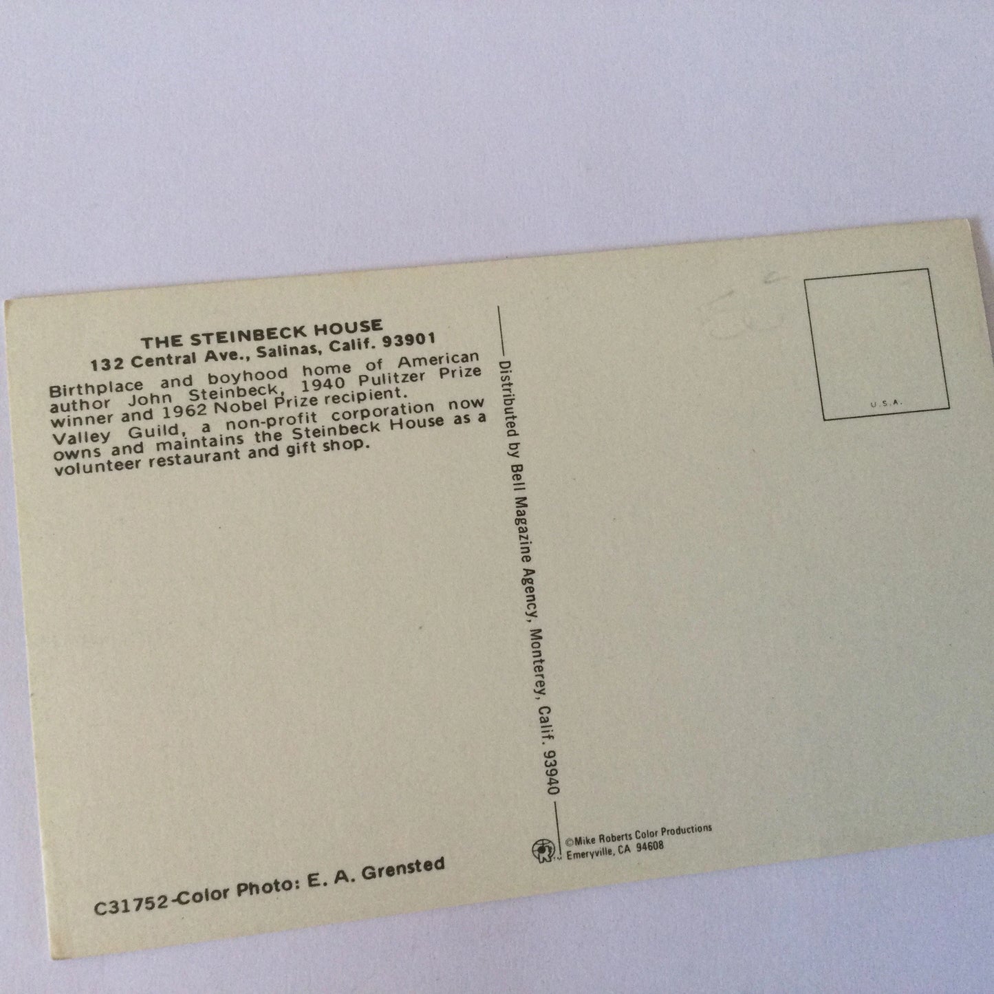 Postcard - The Steinbeck House, Salinas California - colour vintage postcard - holidays, ephemera, junk journal