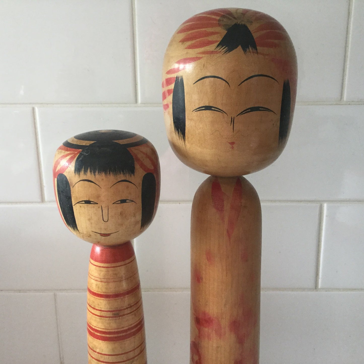 Two large Japanese Kokeshi dolls - traditional designs, signed on bottom, Japan, home decor, Togatta style