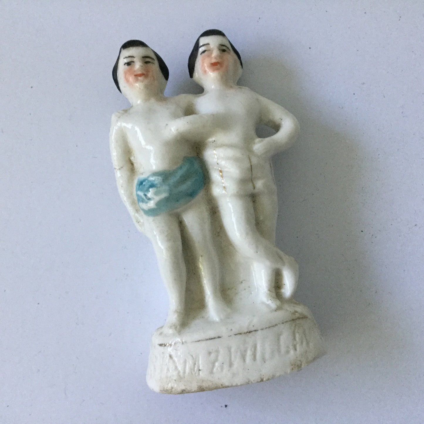 Chang and Eng Bunker porcelain figurine - circa 1860s - German pottery, antique porcelain, vintage circus souvenir, Barnum