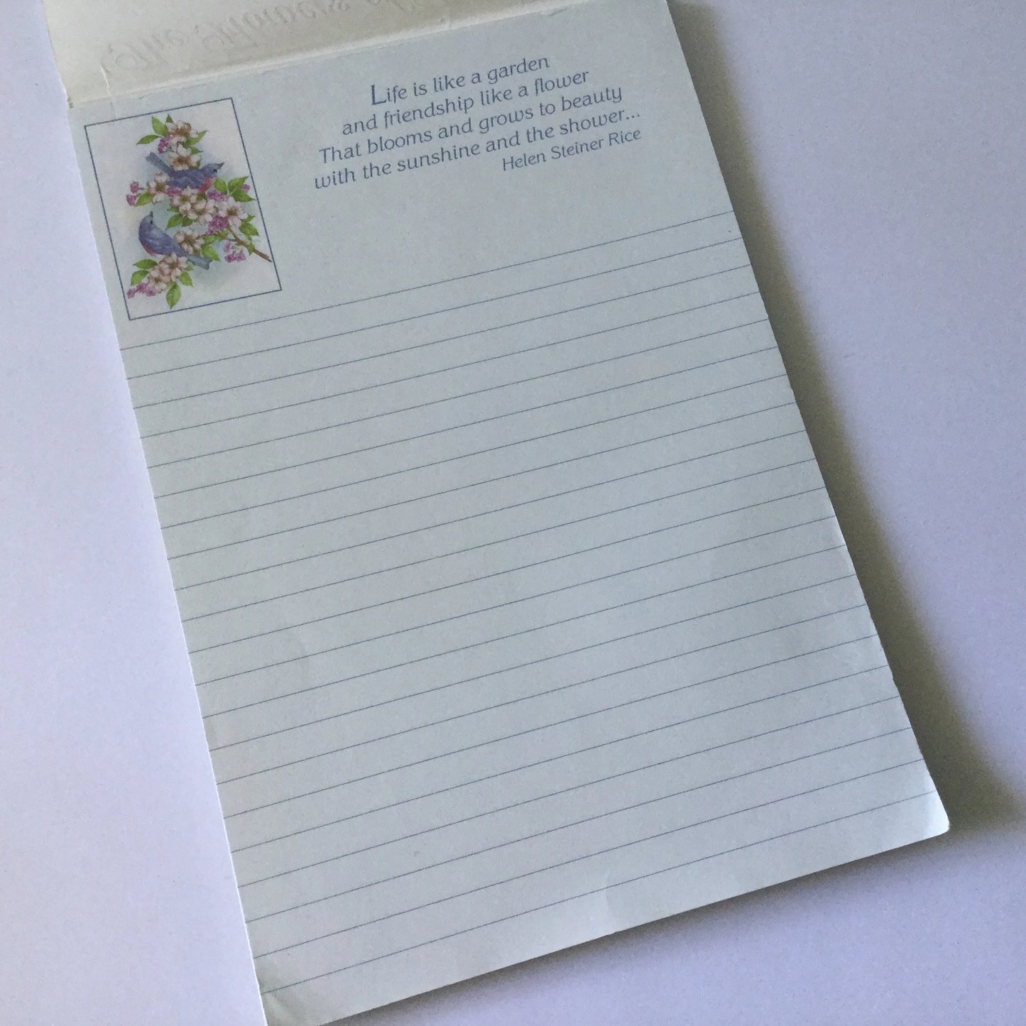 The Flowers of Friendship writing pad by Helen Steiner Rice, - bluebirds and flowers, love letters, snail mail, notes, invitations