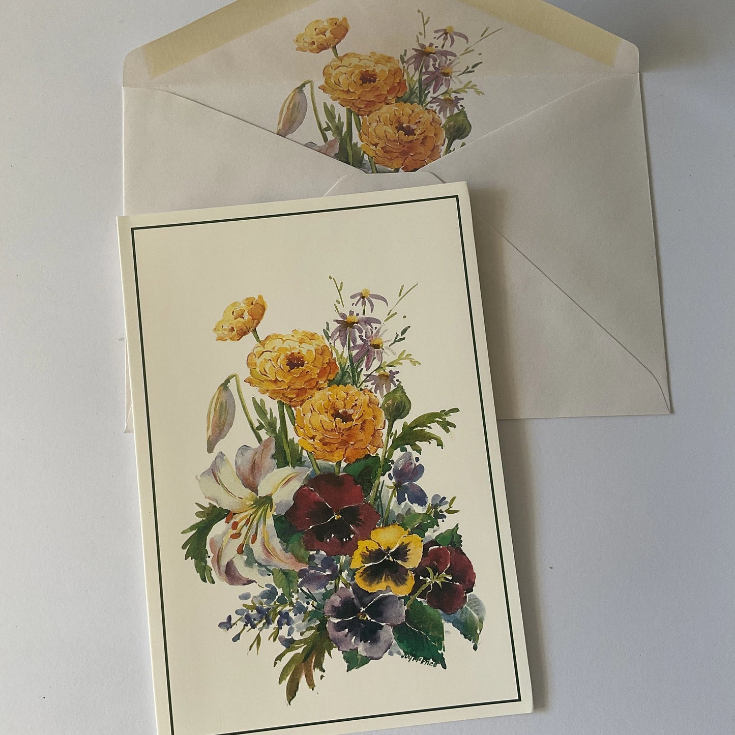 Pretty flowers blank greeting card with matching envelope, pansys, lilys and flowers for gifts, scrapbooking, collage