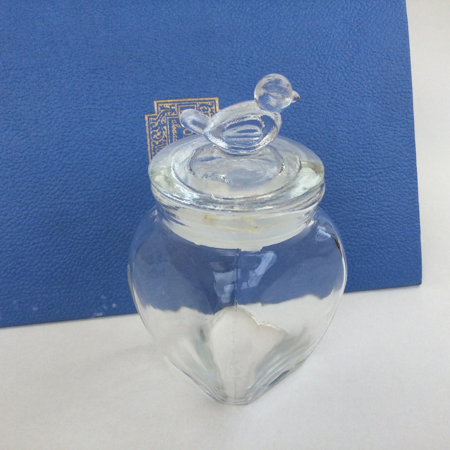 Glass jar with tiny bird on the lid - cute small seventies storage jar, dresser accessory, make up, container