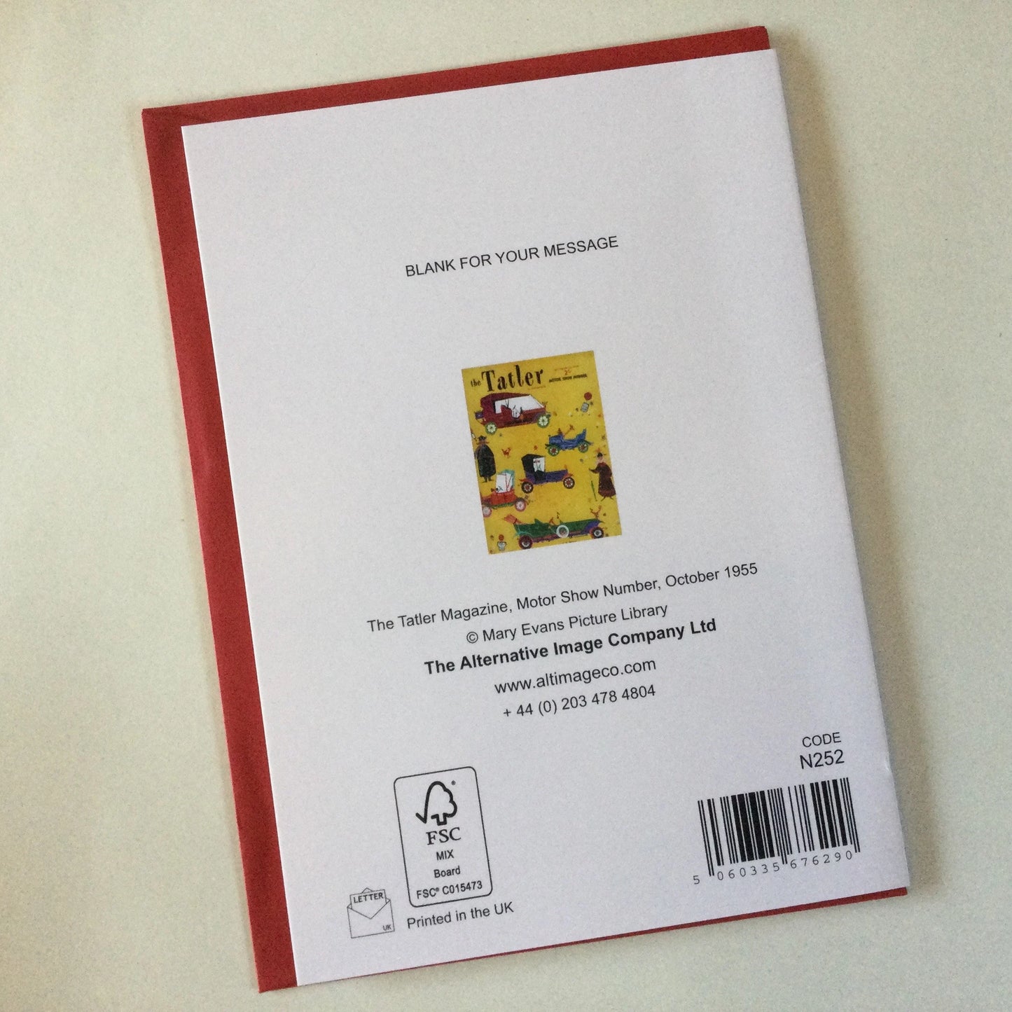 Reproduction Tatler front cover from 1955 blank greeting card, with red envelope
