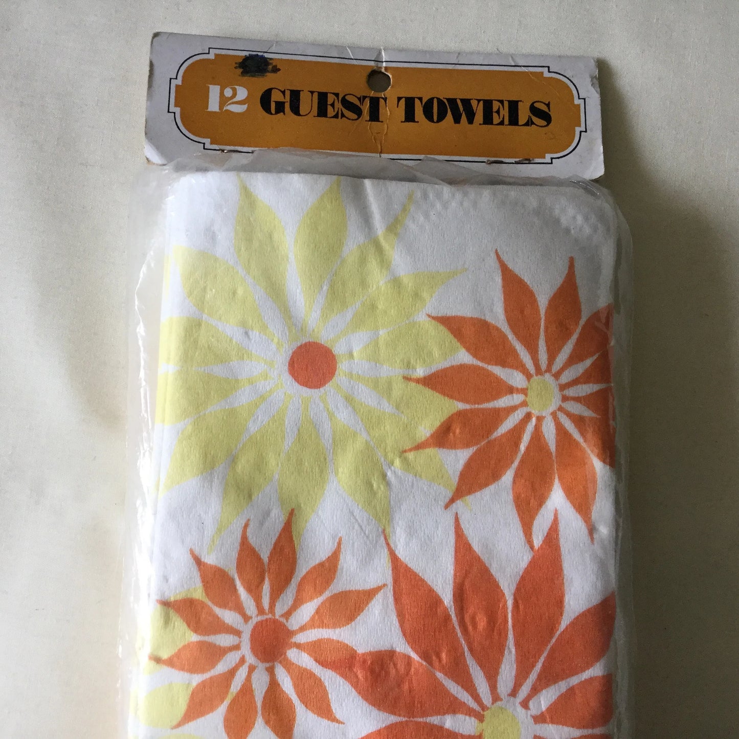 1960's groovy paper guest towels or napkins - 12 thick paper with bright orange and yellow flowers