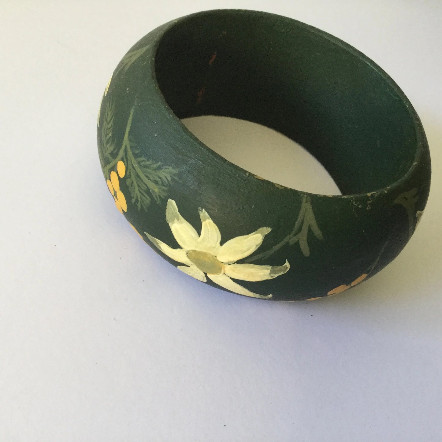Two painted wooden bangles - wildflowers, green, chunky large wooden bangle - boho, hippy, festival wear, natural