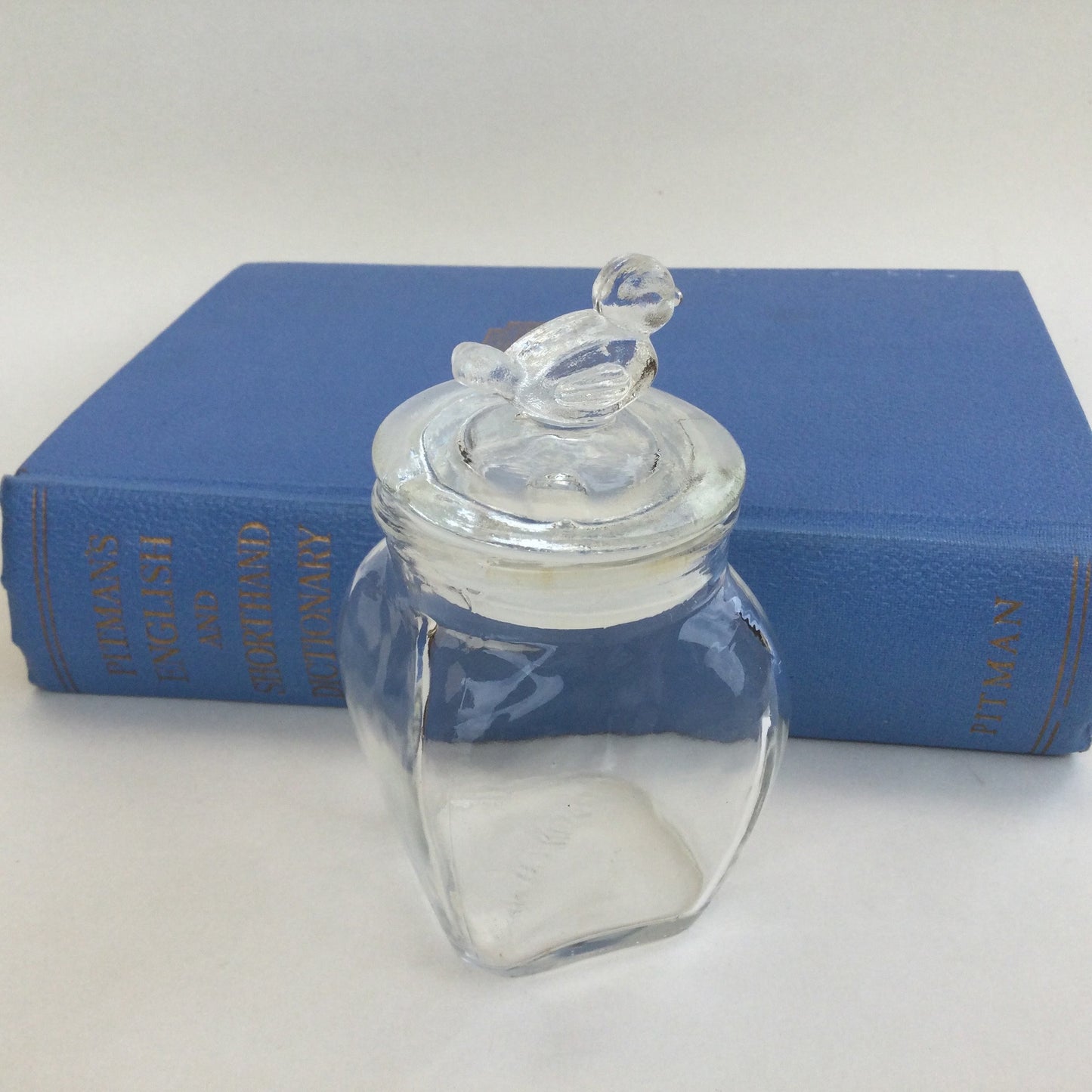 Glass jar with tiny bird on the lid - cute small seventies storage jar, dresser accessory, make up, container