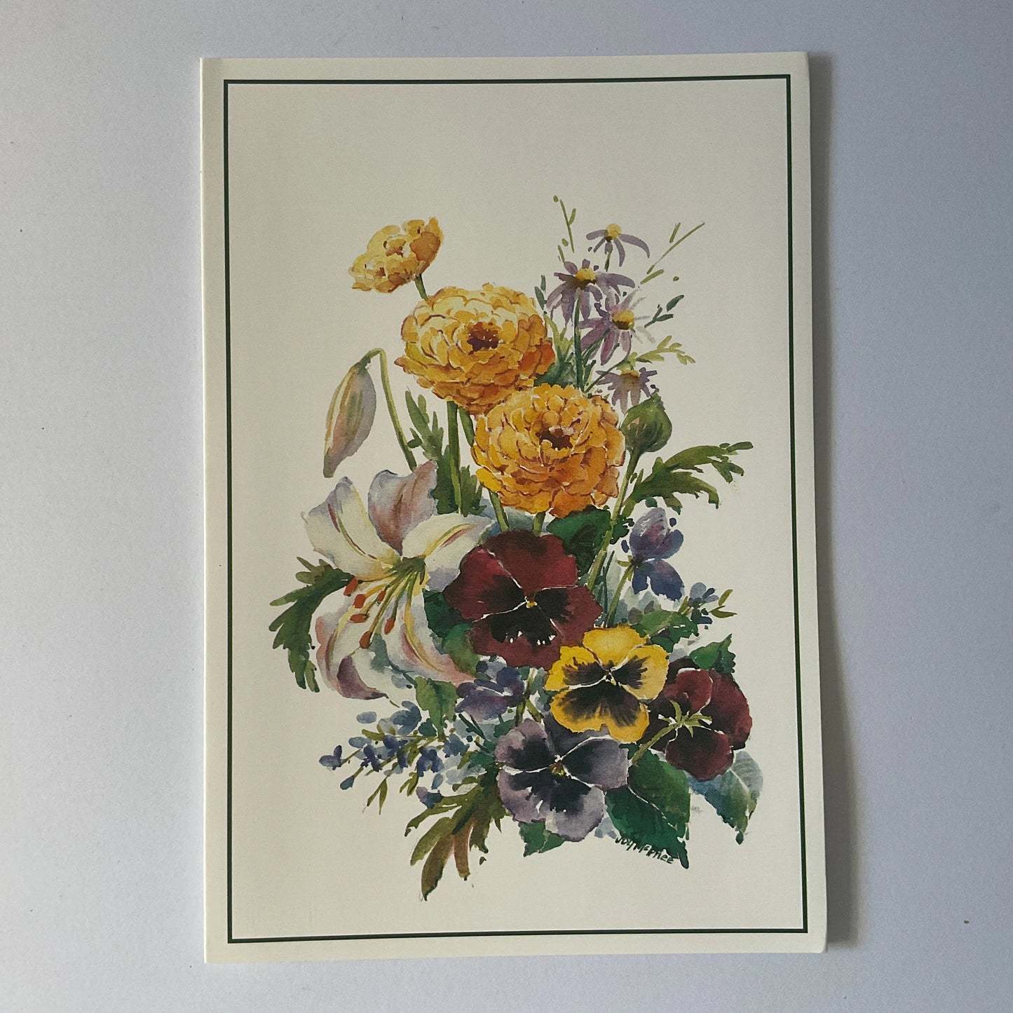 Pretty flowers blank greeting card with matching envelope, pansys, lilys and flowers for gifts, scrapbooking, collage