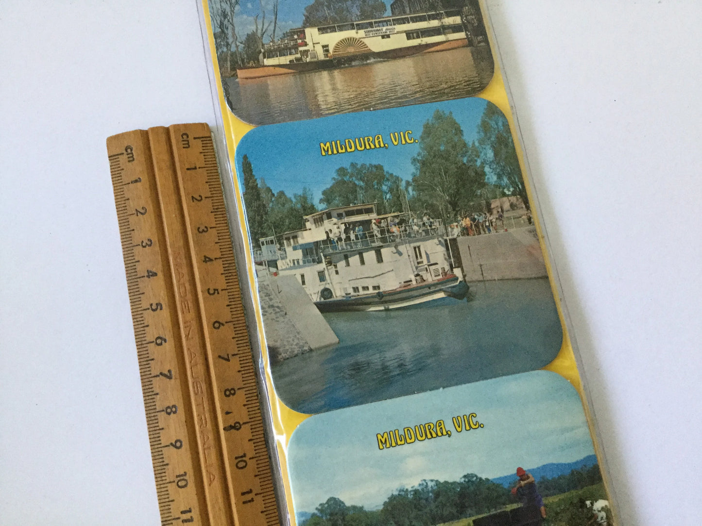 1960s decorative drink coasters - Mildura, Victoria - Travel, country Australia, table decoration, still in packet