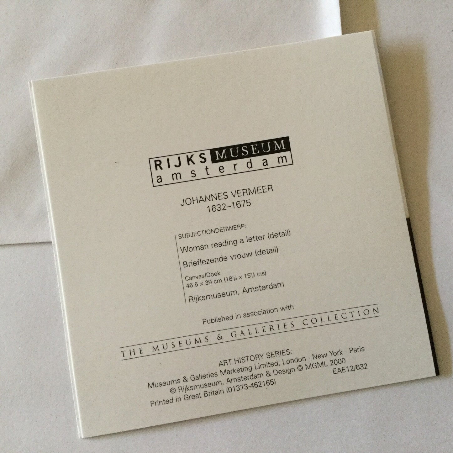 Blank Art greeting card - Vermeer - Woman reading a letter - reproduction art card from the Rijksmuseum, Amsterdam