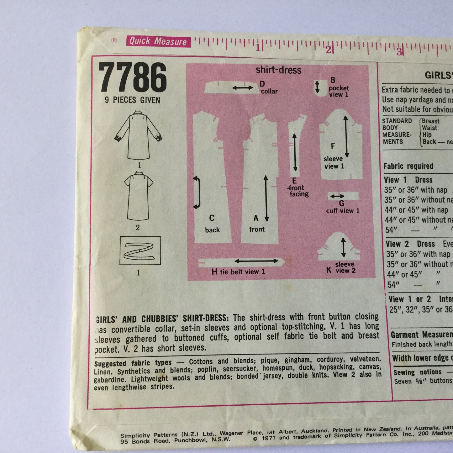 Girls shirt dress size 8 and half sizes - 1970's vintage sewing pattern - Simplicity 7786 - unused and complete