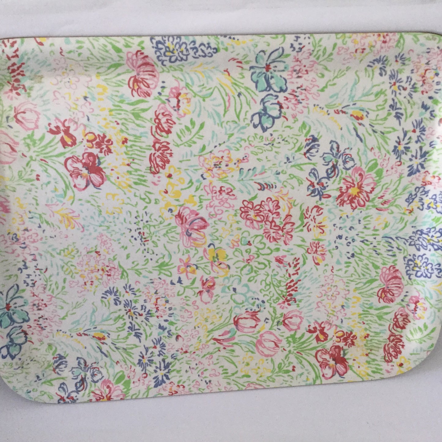 Floral design serving tray with squiggly colourful flowers in Ken Done style - eighties solid plastic tray