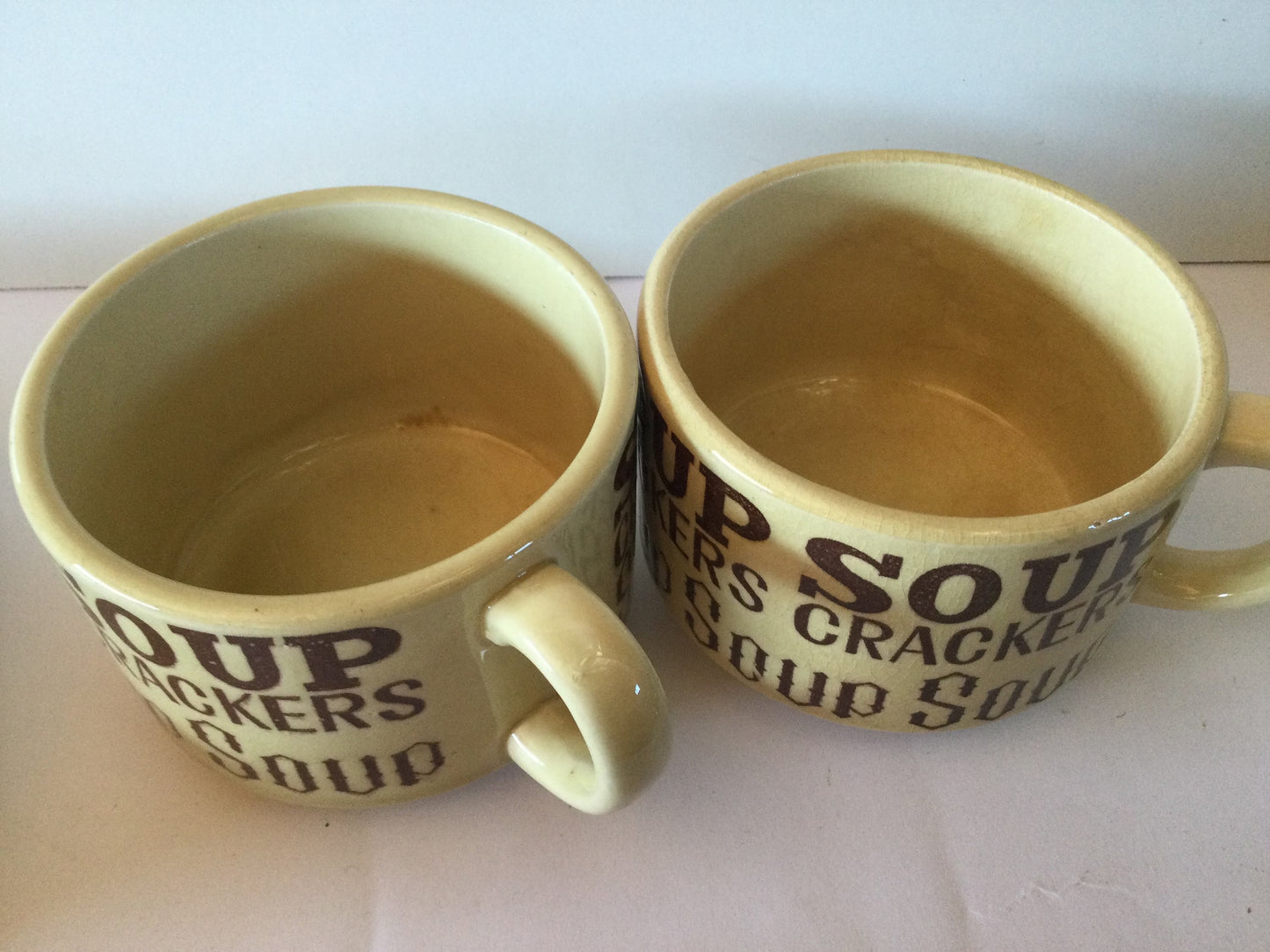 2 Large stoneware soup and crackers mugs in cream and brown, 1970's classic style