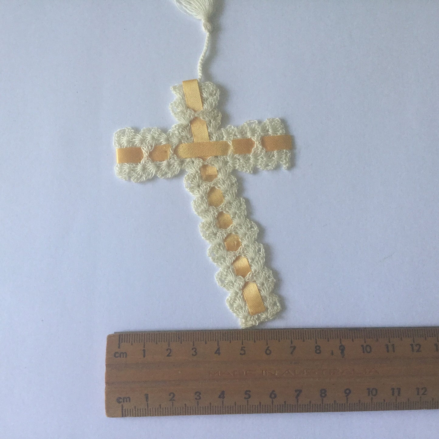 Tatted lace cross bookmark with yellow ribbon - handmade cross - page marker, gift, book lover, bible