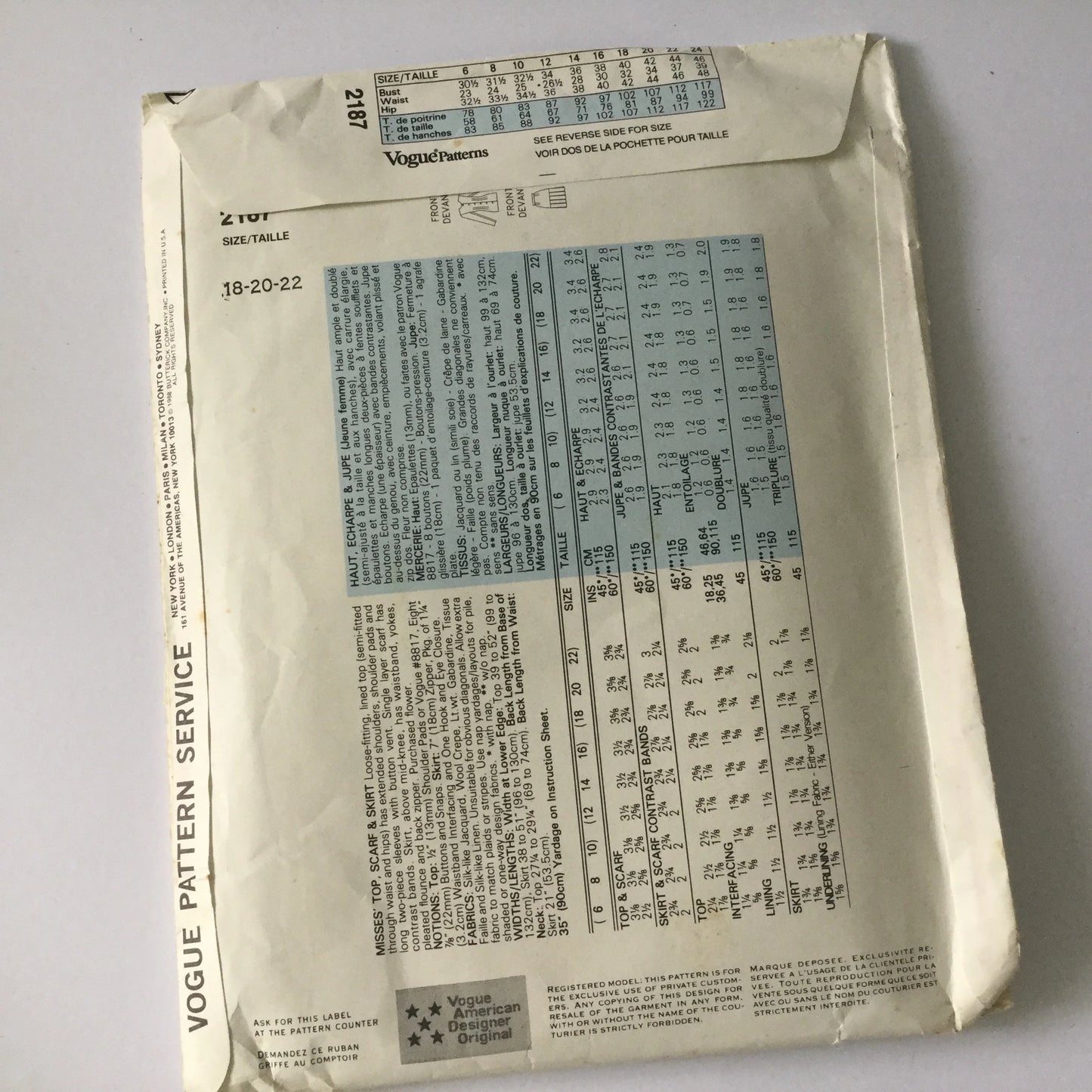 Vintage 80s Vogue American Designer 2187 - Albert Nipon - Misses’ Top, Scarf, uncut and complete original sewing pattern