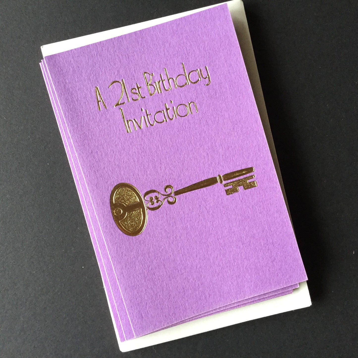 Vintage Greeting card - gold key on purple 21st Party invitations -original 1970s pack of eight