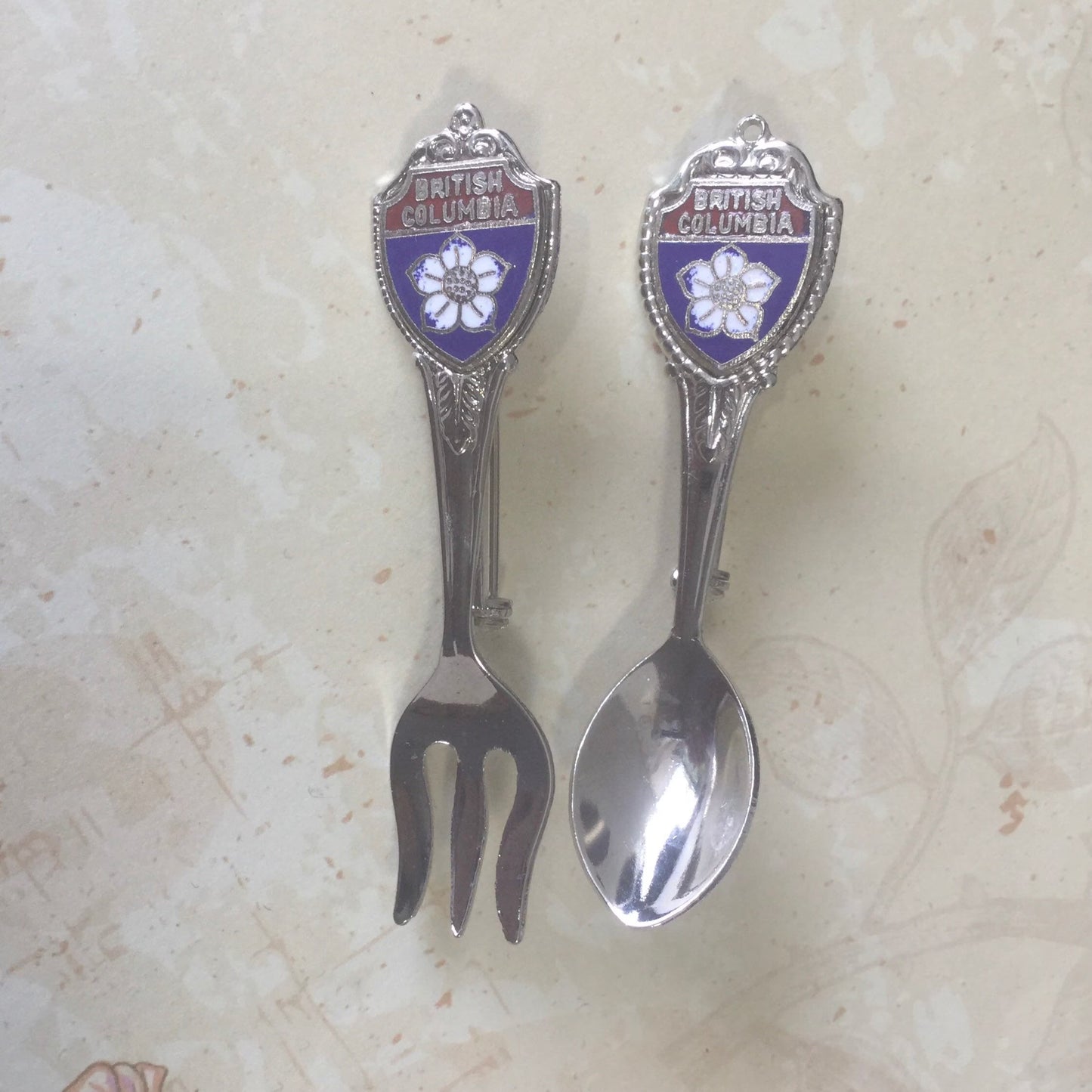 British Columbia - small souvenir spoon and fork brooches - plated collectible spoon, travel souvenir, Canada